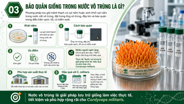 Bảo quản trong nước vô trùng là phương pháp lưu giữ mảnh thạch có sợi nấm hoặc sinh khối sợi nấm trong nước cất vô trùng